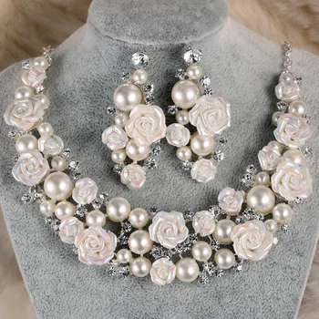 TREAZY Keramické Kvetinové Svadobné Svadobné Šperky Nastaviť Módne Crystal Pearl Náušnice, Náhrdelník Koruny Tiara Ženy, Svadobné Doplnky
