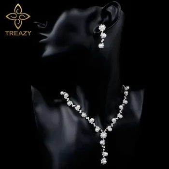 TREAZY Strapec Drahokamu Crystal Simulované Perlový Náhrdelník Náušnice Svadobné Svadobné Šperky Set Ženy, Kostým, Doplnky, Darčeky