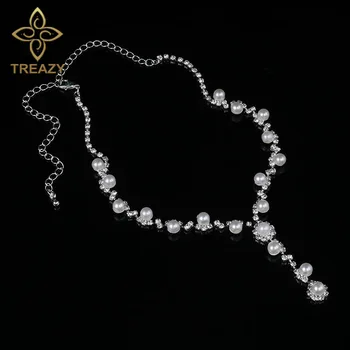 TREAZY Strapec Drahokamu Crystal Simulované Perlový Náhrdelník Náušnice Svadobné Svadobné Šperky Set Ženy, Kostým, Doplnky, Darčeky