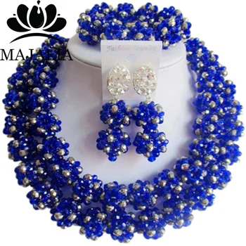 Trendy Nigéria Svadobné afriky korálky šperky set Royal Blue crystal náhrdelník náramok náušnice doprava Zadarmo VV-291