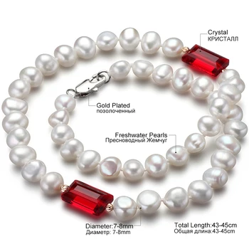 Trendy Prírodné Perlový Náhrdelník pre Ženy Výročie Šperky, Darčeky 7-8MM Barokový Sladkovodné Perly Red Crystal Telo Reťazca FEIGE