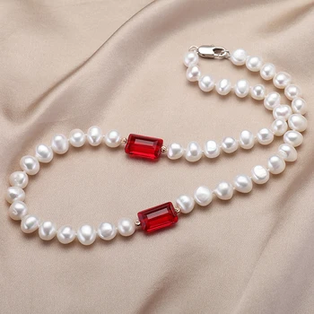 Trendy Prírodné Perlový Náhrdelník pre Ženy Výročie Šperky, Darčeky 7-8MM Barokový Sladkovodné Perly Red Crystal Telo Reťazca FEIGE