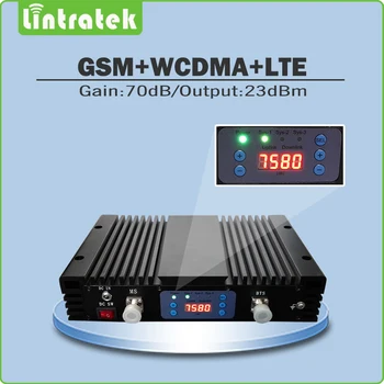 Tri Kapely 2G/3G/4G High Gain 70 db Mobilný Signál Booster GSM900+ UMTS 2100+LTE2600 Opakovač Signálu s lcd displejom a AGC/MGC