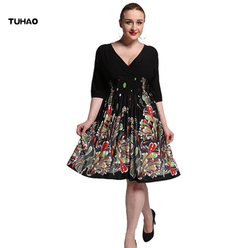 TUHAO Jeseň Plus Veľkosť Tlače Šaty Koleno Dĺžke Ženy Šaty Riadok V Krku Vestidos Femme Vintage Oblečenie 5XL 6XL 7XL CM05