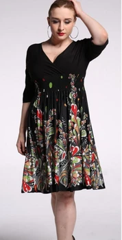 TUHAO Jeseň Plus Veľkosť Tlače Šaty Koleno Dĺžke Ženy Šaty Riadok V Krku Vestidos Femme Vintage Oblečenie 5XL 6XL 7XL CM05
