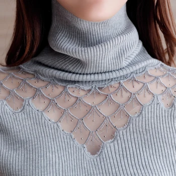 Turtleneck sveter ženy 2016 jeseň zima nový štýl pulóver čipky pletené košele sexy vidieť cez spájať topy, svetre Blusas