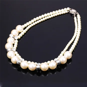 U7 Crystal Veľké Korálky Reťazca Náhrdelník Dve Vrstvy Simulované White Pearl Šperky Maxi náhrdelník Pre Ženy Darček N1447