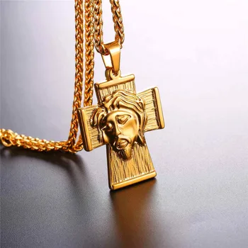 U7 Ježiš Kus Kríž Náhrdelník Mužov Hip Hop Veľký Kresťan, Šperky z Nerezovej Ocele, Zlatá Farba Prívesok & Reťazca Darček pre Neho P1106