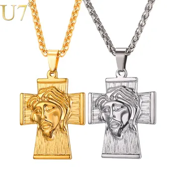 U7 Ježiš Kus Kríž Náhrdelník Mužov Hip Hop Veľký Kresťan, Šperky z Nerezovej Ocele, Zlatá Farba Prívesok & Reťazca Darček pre Neho P1106