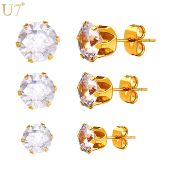 U7 Krištáľové Náušnice Pre Ženy Móda Zirkónmi, Šperky Z Nerezovej Ocele, Zlatá Farba Sexangle Kolo Stud Náušnice Nastaviť E780