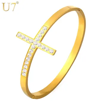 U7 Nerezovej Ocele Náramok Pre Ženy Módne Šperky Veľkoobchod Drahokamu Zlatá Farba Kresťanský Kríž Náramok Náramok H780