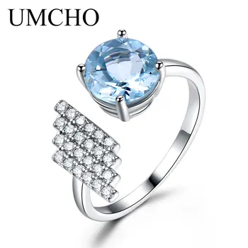 UMCHO Prírodné Blue Topaz Drahokam Krúžok Pre Ženy, Striebro 925 Šperky Akvamarín Kolo Modrý Kameň Romantické Svadobné Party Krúžok