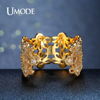 UMODE Jedinečný Kvet Koktail Prstene pre Ženy Móda Zlatá Farba Šperky CZ Kamene Prstom Otvorte Krúžok Bague De Femme Lacné AUR0386A