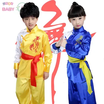 Unisex dieťa 4 farebné bojových umení kostým deti uniformy kung fu dlhý rukáv výšivky dragon vyhovuje tai chi oblečenie červená/bl