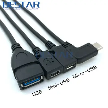 USB 3.1 Typ-c Muž Pravom Uhle k USB Mini-USB, Micro-USB Žena Previesť Kábel adaptéra 25 cm Údajov, nabíjačky, Káble, Mini Micro USB