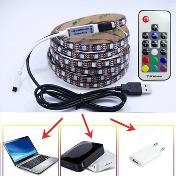 USB LED Pásy 5050 RGB TV podsvietenie Auta Cuttable s 17Key RF Controller alebo Mini 3Key Radič ,1 M/2 M Sada