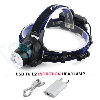 USB vedúci pochodeň svetlomet Indukčný Snímač IR nabíjateľná vedúci svetlo 18650 batérie led hlavy svietidla zoomovateľnom nočné svietenie