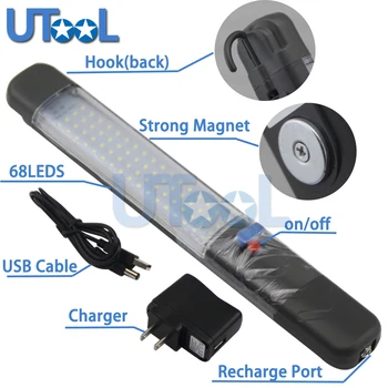UTOOL Dobíjacie USB LED Baterka Pracovné Svetlo Lampy 68LEDs Magnetické Horák, Otočný Hák pre Kempovanie Dielňa Opráv Automobilov