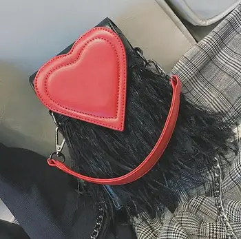 V tvare srdca Kabelka Ženskej Módy Nové Kvalitné PU kožené Ženy Reťazca taška Hit farba taška cez Rameno Pierko Strapec Messenger taška