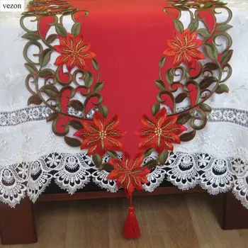 Vezon Vianočné Polyester Výšivky, Vianočné Stôl Runner Saténový Obrus Cutwork Placemat Červené Stolové Vlajky Uterák Látkové Poťahy