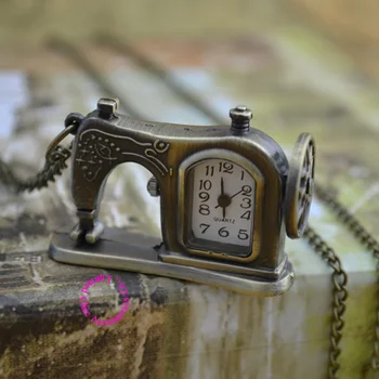 Veľkoobchod kupujúci cena, dobrá kvalita nové bronzové klasická vintage šiť šijací stroj vreckové hodinky náhrdelník s reťazca