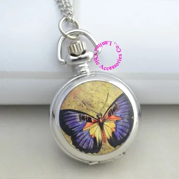 Veľkoobchod kupujúci cena kvalitného striebra smalt blue butterfly vzor kreslenie vreckové hodinky náhrdelník hodinu hodiny antibrittle