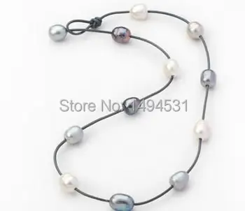 Veľkoobchod Pearl Šperky 11-12mm Prírodná Biela Sivá Čierna Sladkovodné Perly V Tme Kožený Náhrdelník