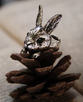 Veľkoobchod s Veľkou Hlavou Retro Králik Krúžok Roztomilý Hare Krúžok Žien Bunny Krúžok--12Pcs/Veľa(Čierna/Antique Silver/Antické Bronzové 3 Farby)