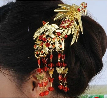 Veľkoobchod Svadobné strapce Vlasy Hrebeňom Vintage Páva Desogns Svadobné Cheongsam Vlasy Príslušenstvo Čínsky štýl, červená šperky