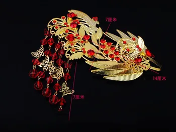 Veľkoobchod Svadobné strapce Vlasy Hrebeňom Vintage Páva Desogns Svadobné Cheongsam Vlasy Príslušenstvo Čínsky štýl, červená šperky