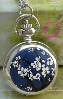 Veľkoobchod vreckové hodinky náhrdelník kvalitné strieborné zrkadlo, náčrt, výkres modrý biely kvet fob hodinky hodiny hodiny antibrittle