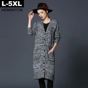 Veľká veľkosť cardigan 2018 Jar Jeseň šedá farba bežné pletené dlhý sveter kabát L XL XXL XXXL 4XL 5XL plus veľkosť oblečenie žien