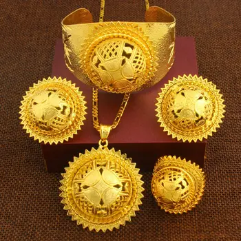 Veľká Veľkosť Etiópskej Šperky Sady 24K Zlata Farba Náhrdelník/Náušnice/Krúžok/Náramok/Prívesok Ženy, Svadobné Eritrea Svadobných Doplnkov