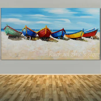 Veľká Veľkosť Ručne Maľované Abstraktné Čln Sea Beach Olejomaľba Na Plátne Abstraktné Seascape Wall Art Obraz Obývacia Izba Domova