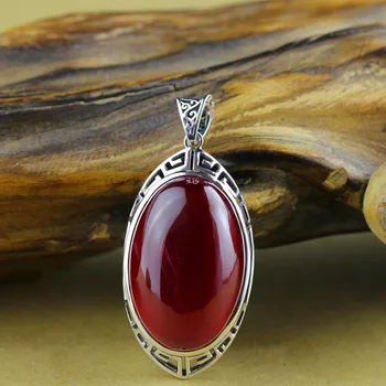 Veľký Drahokam Šperky 20 mm*30 mm Oválne Red Ruby Prívesok Vintage Duté Vzor Reálne 925 Sterling Silver Náhrdelník Ženy Najlepšie Darčeky