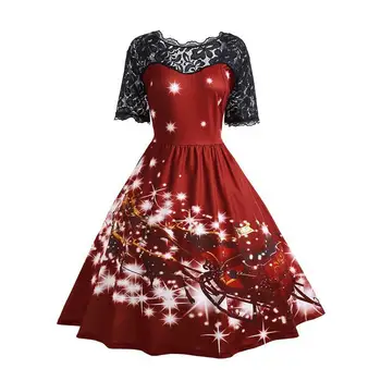 Vianočné Šaty Vintage Čipky Patchwork Krátke Rukávy Midi 2017 Tunika Femme Vestidos šaty Oblečenie WS4730Y