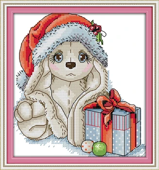 Vianočné šteňa psa cartoon dekor obrazy počíta tlačené na plátno DMC 14CT 11CT Cross Stitch Vyšívanie Súpravy súpravy na Vyšívanie
