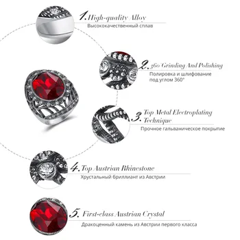 Viennois Vintage Oválne Prstene pre Ženy Veľký Červený Kryštál Punk Krúžok Žien Strieborná Farba Retro Šperky Duté Dizajn
