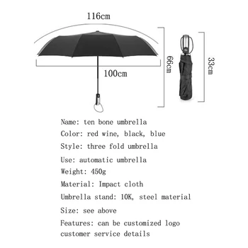 Vietor Odolný Skladací Automatický Dáždnik Dážď Ženy Auto Luxusné Veľké Vetru Dáždniky Dážď Pre Mužov Čierny Povlak 10K Parasol