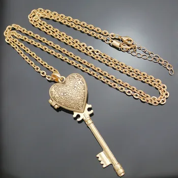 Viktoriánskej Zlato Veľké Skeleton Key Srdce Magnet Medailón Steampunk Reťazca Prívesok Náhrdelník Šperky
