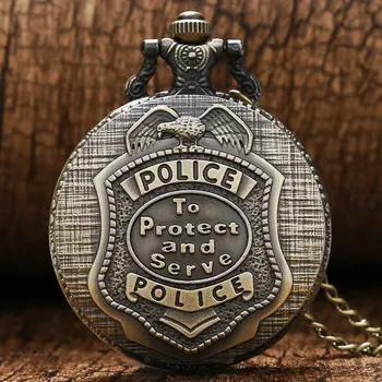 Vintage Bronze polícia chrániť a slúžiť Vreckové Hodinky Ženy Muži Dámy Deti Steampunk Vreckové Hodinky s Reťazca Prívesok
