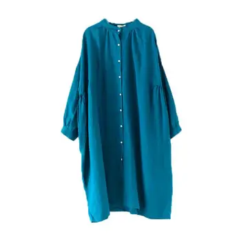 Vintage Plus veľkosť Tričko šaty Žien Lady Dlhý Rukáv Pevné Bavlnená posteľná bielizeň Šaty Vestido Bežné Jednoduché
