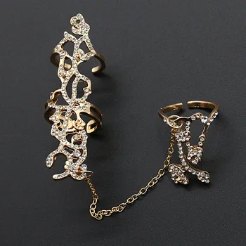 Vintage Zlato, Striebro Pozlátené Reťaze Dvoma Prstami Krúžky Ženy, Dievčatá Odkaz Dvojité Otvorené Prsteň Nastaviteľné Crystal Duté Kvetinové Šperky