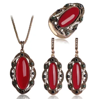Vintage Šperky Sady Náhrdelník &Náušnice &Krúžok Semi Precious Stone turecký červená šperky, aby ste sa vyzerá ako tenké Collares joyeria