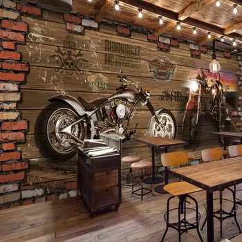 Vlastné 3d externé Internetové kaviarne 3D Vintage Motocykel, auto drevo tehlovej steny Európskej retro Cafe spálne, obývacia izba tapety nástenná maľba