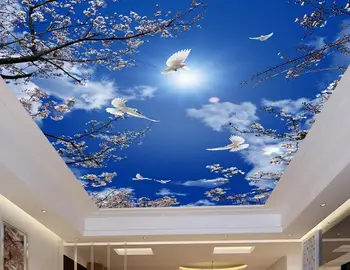Vlastné 3d stropné nástenné maľby Cherry blue sky holuby tapety pre kúpeľňa 3d stropné maľby nástenné maľby, tapety na strop