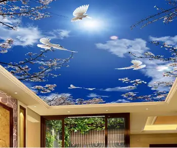 Vlastné 3d stropné nástenné maľby Cherry blue sky holuby tapety pre kúpeľňa 3d stropné maľby nástenné maľby, tapety na strop