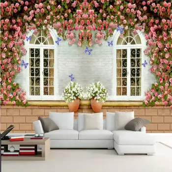 Vlastné foto tapety 3D obývacia izba, spálňa hotel kaviarni reštaurácia teplé retro ruže kvet dvere, tapety nástenná maľba