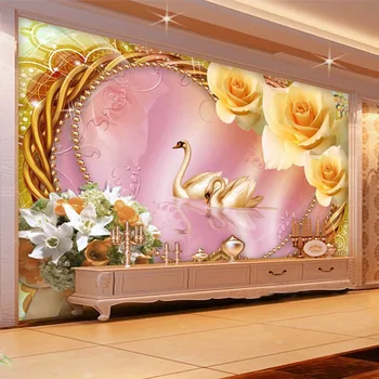Vlastné Foto Tapety 3D Stereo Non-tkané Romantické Ruže Swan Láska Obývacia Izba Gauč TV joj nástennú maľbu, Tapety Spálne