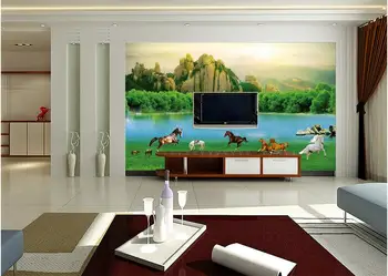Vlastné fotografie, 3d tapety Non-tkané nástenná maľba Prairie kone trávnych porastov zelenej krajine 3d nástenné maľby, tapety pre obývacia izba